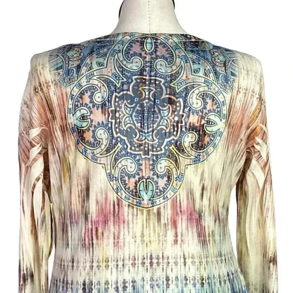 One World Women XL Studded Sharkbite Geometric Top Blue Multicolor 3/4 Sleeves - Picture 6 of 11